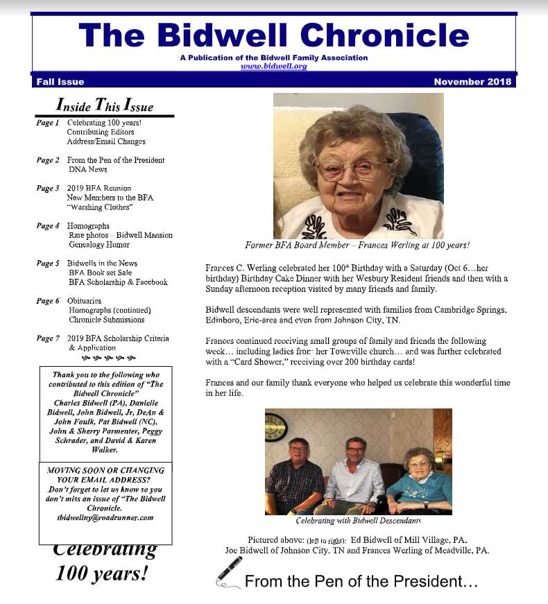 The Bidwell Chronicle - Bidwell Family Association Newsletter